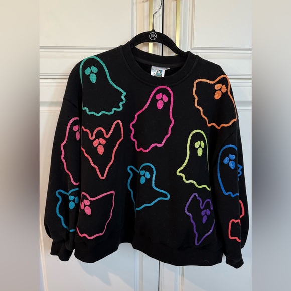 QUEEN OF SPARKLES Tops - QUEEN OF SPARKLES Black Sweatshirt with Colorful Ghosts